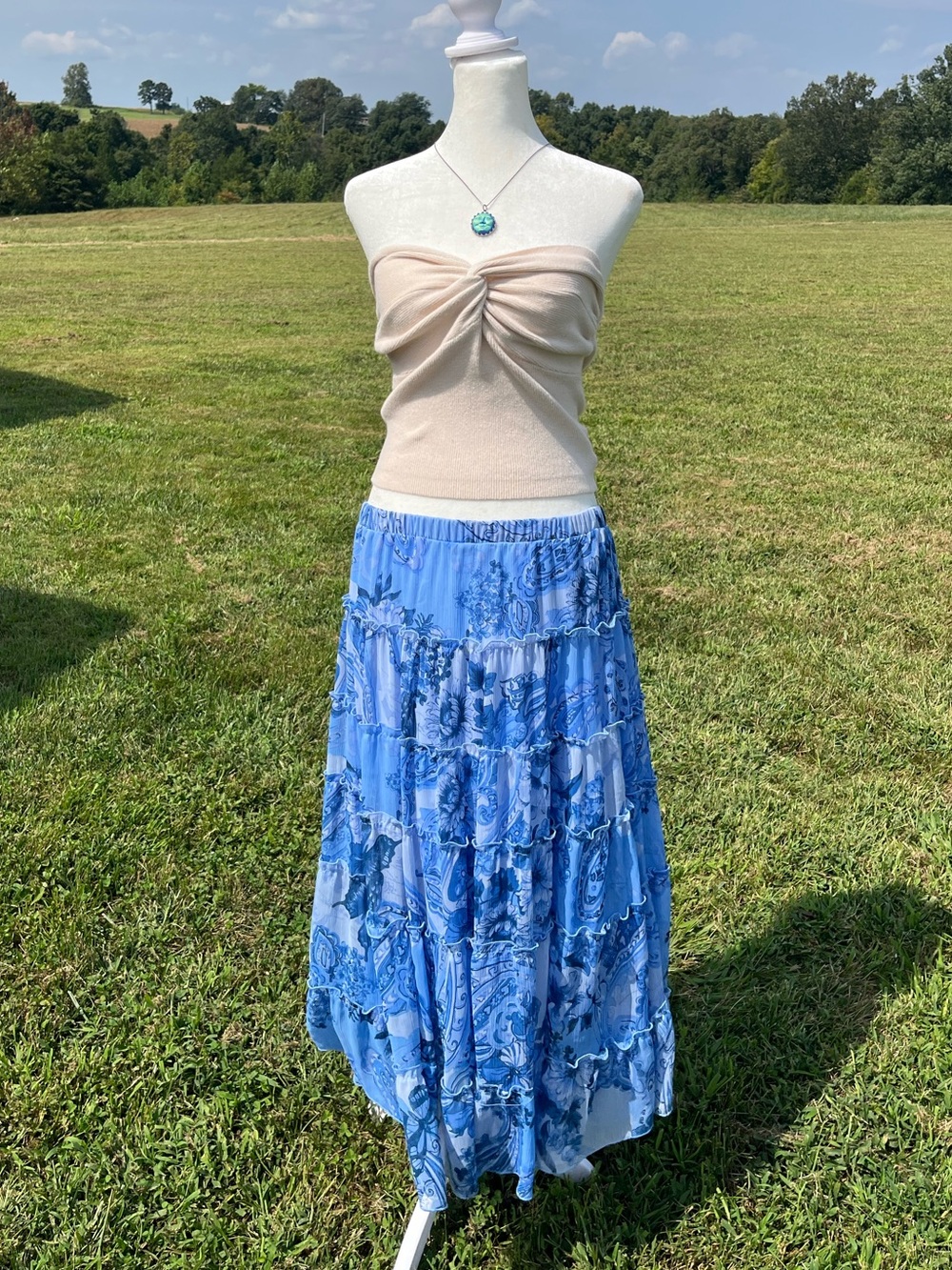 Antthony vintage tiered blue floral paisley skirt sz petite small maxi skirt